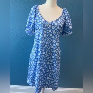 NWT Cupshe Women's Midi Puff Short Sleeve Blue Daisy Dress Size Large